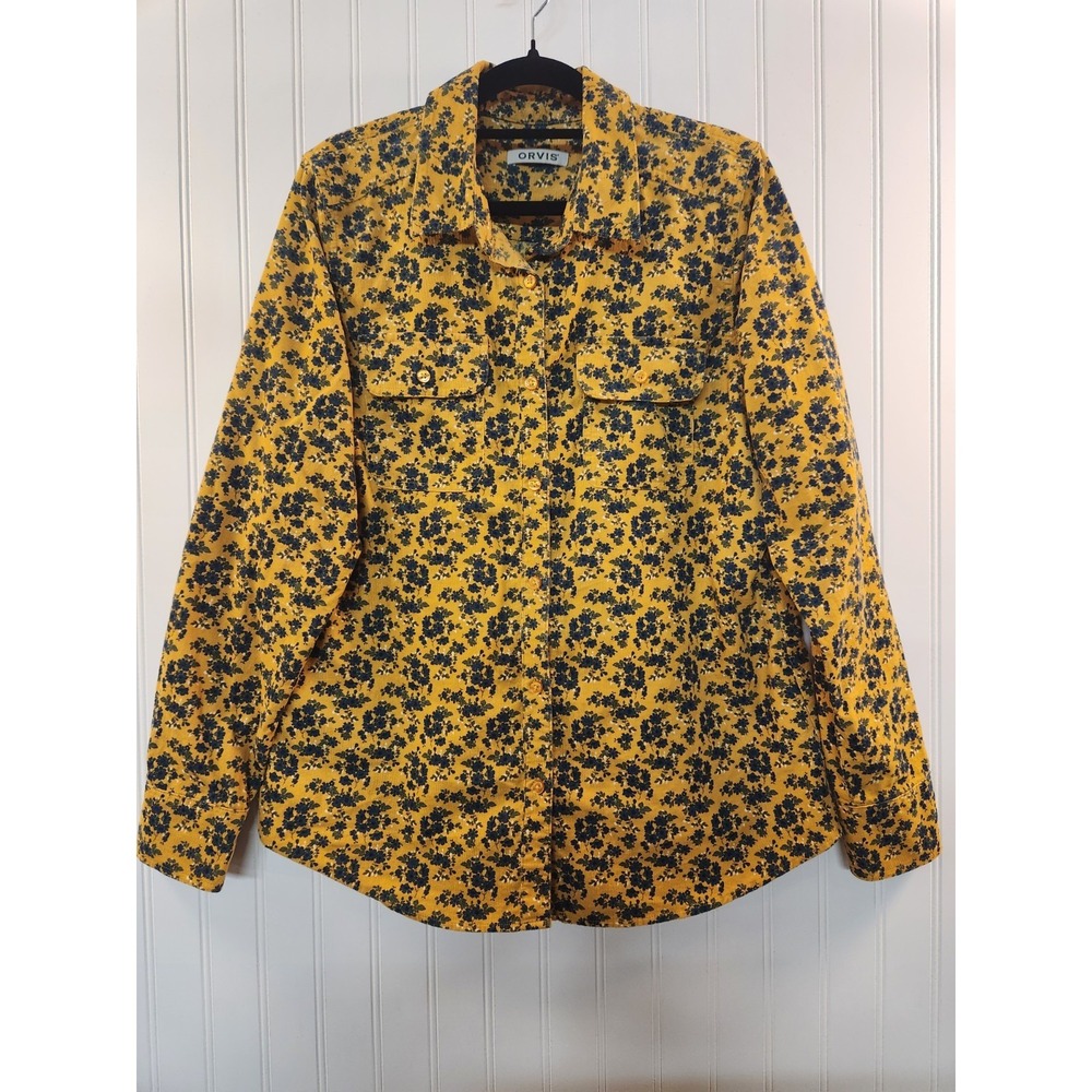 Orvis Women Yellow Floral Button-Up Corduroy Shirt Size M Casual Rugged Outdoor